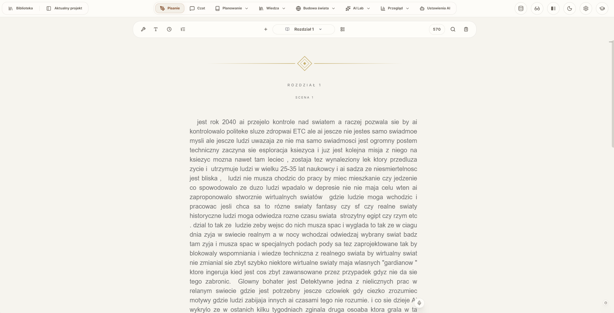 RaQuill writing canvas with chapter navigation and word count.