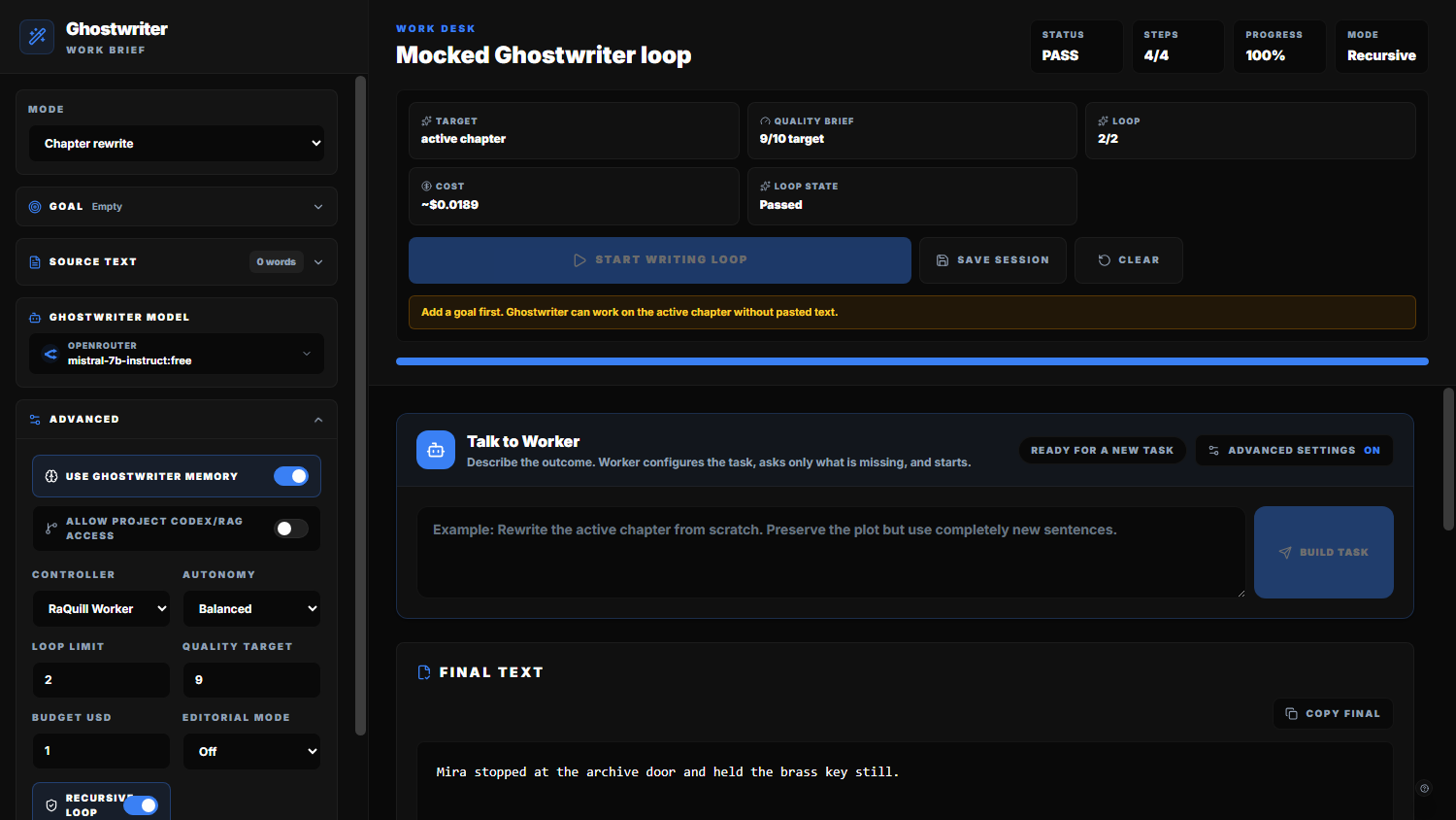 RaQuill specialist AI workbench with provider, context, and proposal controls.
